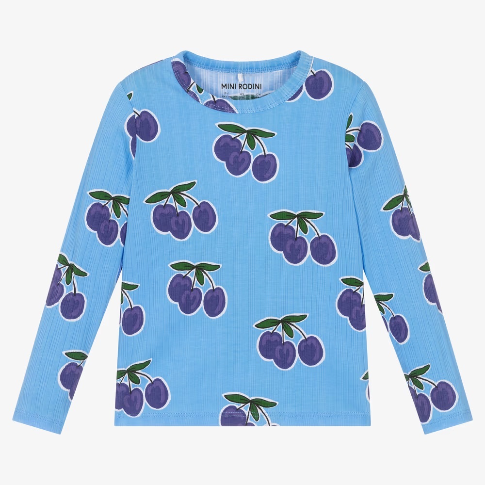 Mini Rodini Ribbed Blue Long Sleeve with Purple Plum Design - Picture 4 of 4